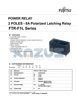 FTR-F1LCA012R datasheet - POWER RELAY 2 POLES - 8A Polarized Latching Relay