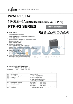 FTR-F2AA048T datasheet - POWER RELAY 1 POLE-5A (CADMIUM FREE CONTACTS TYPE)