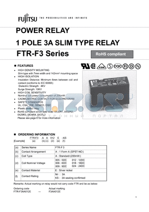 FTR-F3AA005E datasheet - POWER RELAY 1 POLE 3A SLIM TYPE RELAY