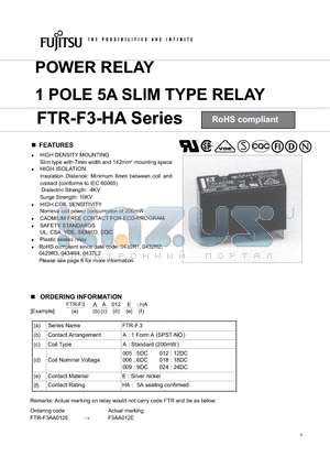 FTR-F3AA005EHA datasheet - POWER RELAY 1 POLE 5A SLIM TYPE RELAY