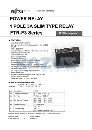 FTR-F3AA006EHA datasheet - 1 POLE 3A SsLIM TYPE RELAY