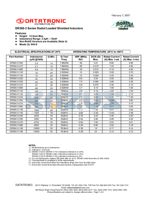 DR366-3-104 datasheet - Radial Leaded Shielded Inductors