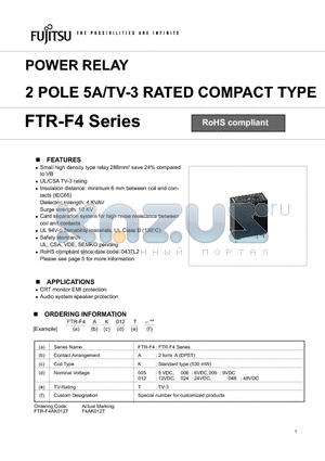 FTR-F4 datasheet - 2 POLE 5A/TV-3 RATED COMPACT TYPE