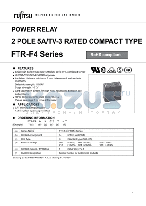 FTR-F4AK012T datasheet - POWER RELAY 2 POLE 5A/TV-3 RATED COMPACT TYPE