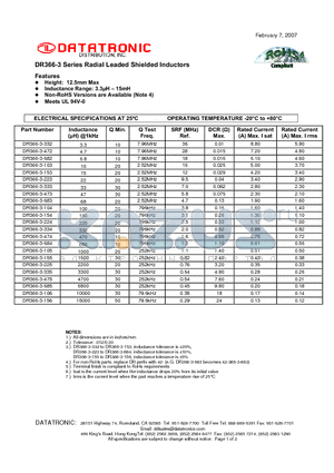 DR366-3-332 datasheet - Radial Leaded Shielded Inductors