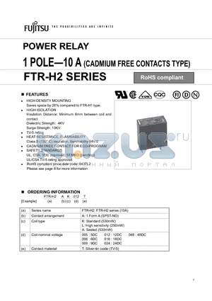 FTR-H2AA005T datasheet - POWER RELAY 1 POLE-10 A (CADMIUM FREE CONTACTS TYPE)