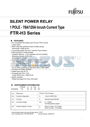 FTR-H3 datasheet - SILENT POWER RELAY 1 POLE - 78A/120A Inrush Current Type