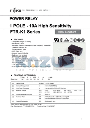 FTR-K1-10A datasheet - POWER RELAY 1 POLE - 10A High Sensitivity