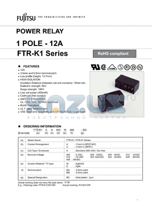FTR-K1-12A datasheet - POWER RELAY 1 POLE - 12A