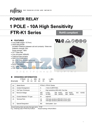 FTR-K1AL005WLABG datasheet - POWER RELAY 1 POLE - 10A High Sensitivity