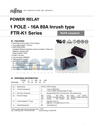 FTR-K1AL009T-MA datasheet - 1 POLE - 16A LOW PROFILE TYPE