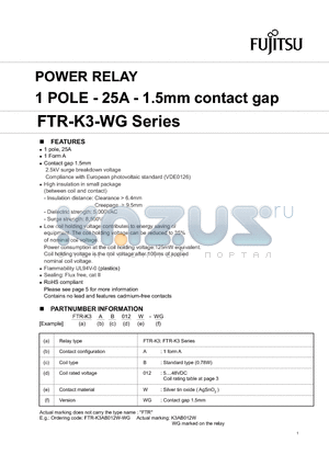FTR-K3-WG datasheet - POWER RELAY 1 POLE - 25A - 1.5mm contact gap