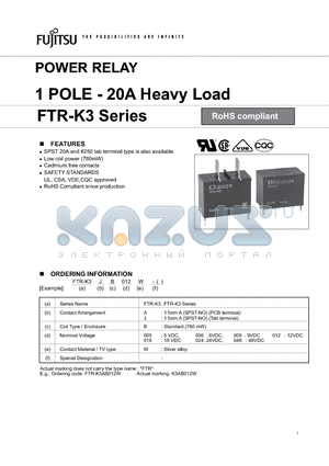 FTR-K3AB006W datasheet - POWER RELAY 1 POLE - 20A Heavy Load