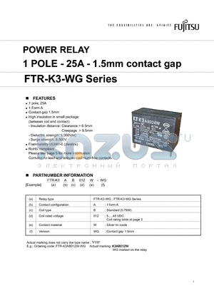 FTR-K3WG datasheet - POWER RELAY 1 POLE - 25A - 1.5mm contact gap