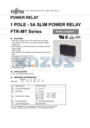 FTR-MY datasheet - POWER RELAY 1 POLE - 5A SLIM POWER RELAY