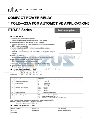 FTR-P3 datasheet - COMPACT POWER RELAY 1 POLE-25 A FOR AUTOMOTIVE APPLICATIONS