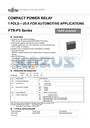 FTR-P3CN009W1-01 datasheet - COMPACT POWER RELAY 1 POLE-25 A FOR AUTOMOTIVE APPLICATIONS