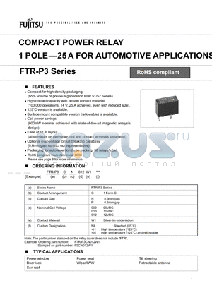 FTR-P3CP012W1-05 datasheet - COMPACT POWER RELAY 1 POLE-25 A FOR AUTOMOTIVE APPLICATIONS