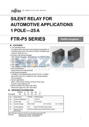 FTR-P5CN009W1 datasheet - SILENT RELAY FOR AUTOMOTIVE APPLICATIONS 1 POLE-25 A