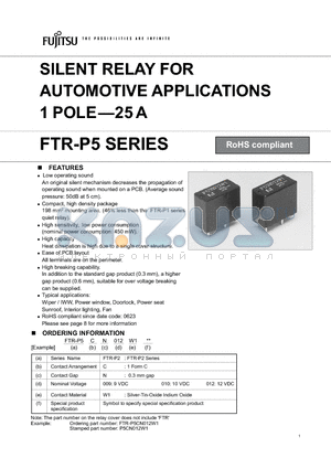 FTR-P5CN010W1 datasheet - SILENT RELAY FOR AUTOMOTIVE APPLICATIONS 1 POLE-25 A