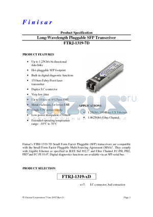 FTRJ-1319-7D datasheet - Long-Wavelength Pluggable SFP Transceiver