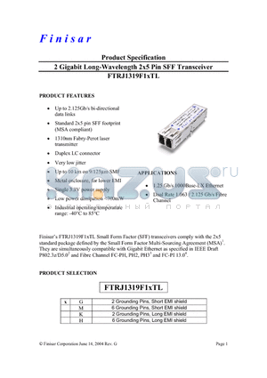 FTRJ1319F1MTL datasheet - 2 Gigabit Long-Wavelength 2x5 Pin SFF Transceiver