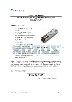 FTRJ-8519-7D datasheet - Short-Wavelength Pluggable SFP Transceiver