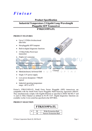 FTRJ1319P1BTL datasheet - Industrial Temperature 2 Gigabit Long-Wavelength Pluggable SFP Transceiver