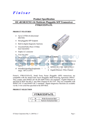 FTRJ1321P1BTL datasheet - OC-48 SR/STM I-16 Multirate Pluggable SFP Transceiver