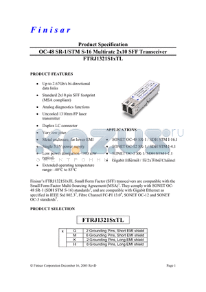 FTRJ1321S1KTL datasheet - OC-48 SR-1/STM S-16 Multirate 2x10 SFF Transceiver
