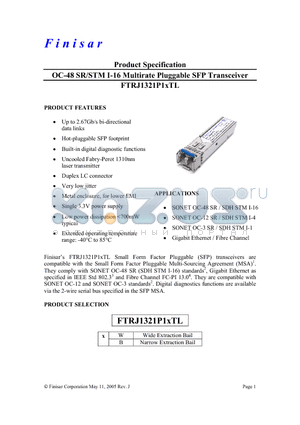 FTRJ1321P1WTL datasheet - OC-48 SR/STM I-16 Multirate Pluggable SFP Transceiver