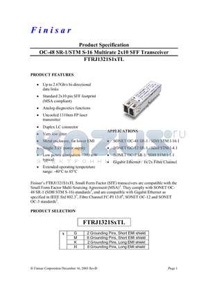 FTRJ1321S1GTL datasheet - OC-48 SR-1/STM S-16 Multirate 2x10 SFF Transceiver