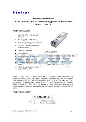 FTRJ1322P1WTR datasheet - OC-12 IR-1/STM S-4.1 Multirate Pluggable SFP Transceiver