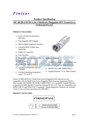 FTRJ1421P1BNL datasheet - OC-48 IR-1/STM S-16.1 Multirate Pluggable SFP Transceiver