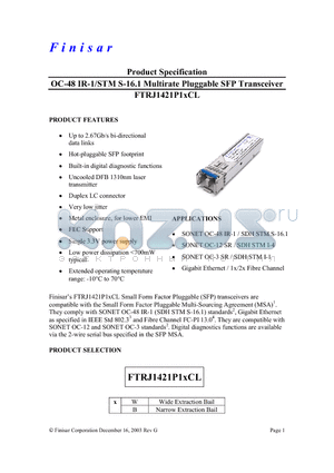 FTRJ1421P1WCL datasheet - OC-48 IR-1/STM S-16.1 Multirate Pluggable SFP Transceiver