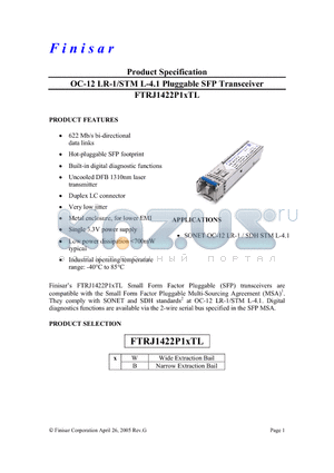 FTRJ1422P1BTL datasheet - OC-12 LR-1/STM L-4.1 Pluggable SFP Transceiver