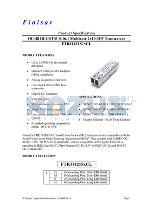 FTRJ1421SH datasheet - OC-48 IR-1/STM S-16.1 Multirate 2x10 SFF Transceiver