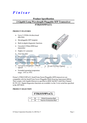 FTRJ1519P1BCL datasheet - 2 Gigabit Long-Wavelength Pluggable SFP Transceiver