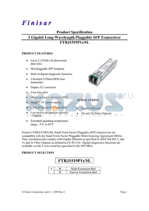 FTRJ1519P1BNL datasheet - 2 Gigabit Long-Wavelength Pluggable SFP Transceiver