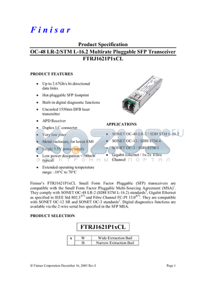 FTRJ1621P1WCL datasheet - OC-48 LR-2/STM L-16.2 Multirate Pluggable SFP Transceiver