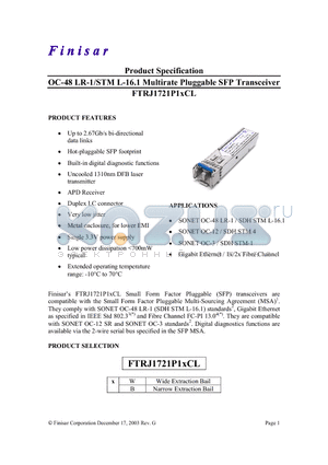 FTRJ1721P1WCL datasheet - OC-48 LR-1/STM L-16.1 Multirate Pluggable SFP Transceiver