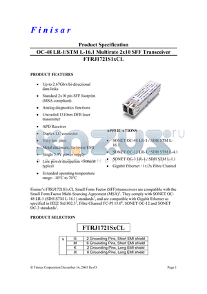 FTRJ1721SGCL datasheet - OC-48 LR-1/STM L-16.1 Multirate 2x10 SFF Transceiver