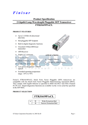 FTRJ1619P1WCL datasheet - 2 Gigabit Long-Wavelength Pluggable SFP Transceiver