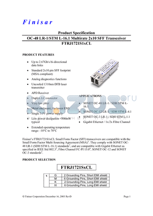 FTRJ1721SKCL datasheet - OC-48 LR-1/STM L-16.1 Multirate 2x10 SFF Transceiver