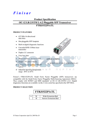 FTRJ1522P1WTL datasheet - OC-12 LR-2/STM L-4.2 Pluggable SFP Transceiver