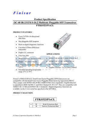 FTRJ1521P1BCL datasheet - OC-48 IR-2/STM S-16.2 Multirate Pluggable SFP Transceiver