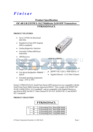 FTRJ1621SHCL datasheet - OC-48 LR-2/STM L-16.2 Multirate 2x10 SFF Transceiver