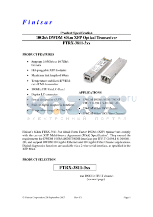 FTRX-3811-319 datasheet - 10Gb/s DWDM 80km XFP Optical Transceiver