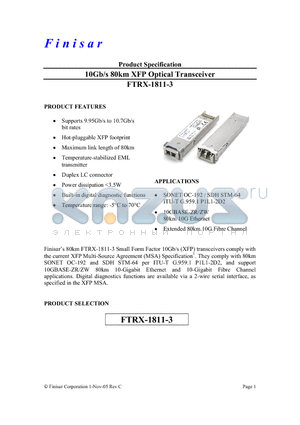 FTRX-1811-3 datasheet - 10Gb/s 80km XFP Optical Transceiver