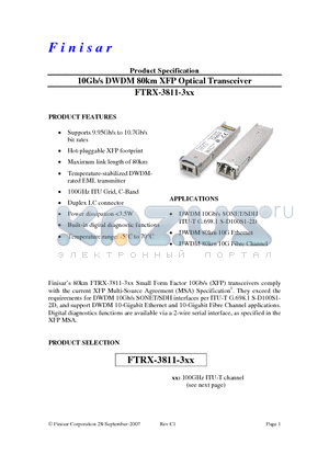 FTRX-3811-351 datasheet - 10Gb/s DWDM 80km XFP Optical Transceiver